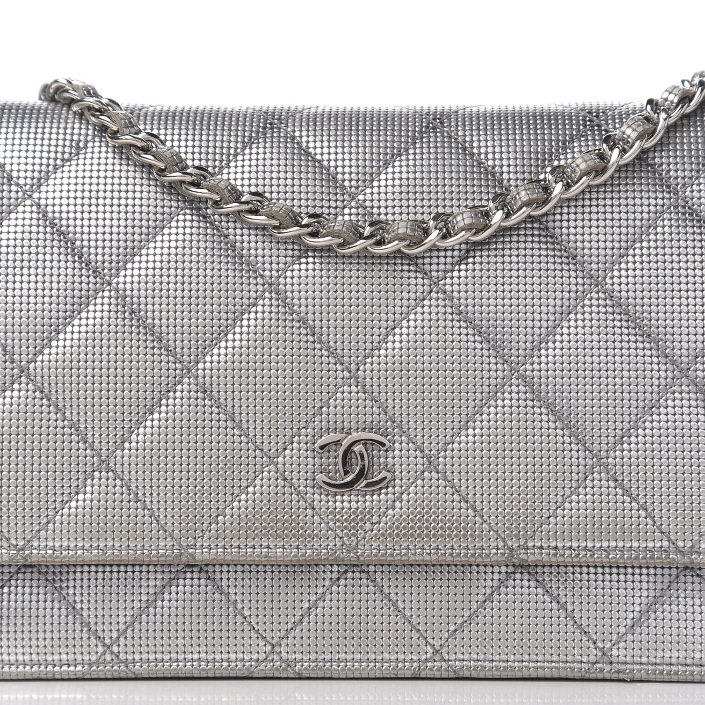 Metallic Calfskin Quilted Pixel Effect Wallet on Chain WOC Silver