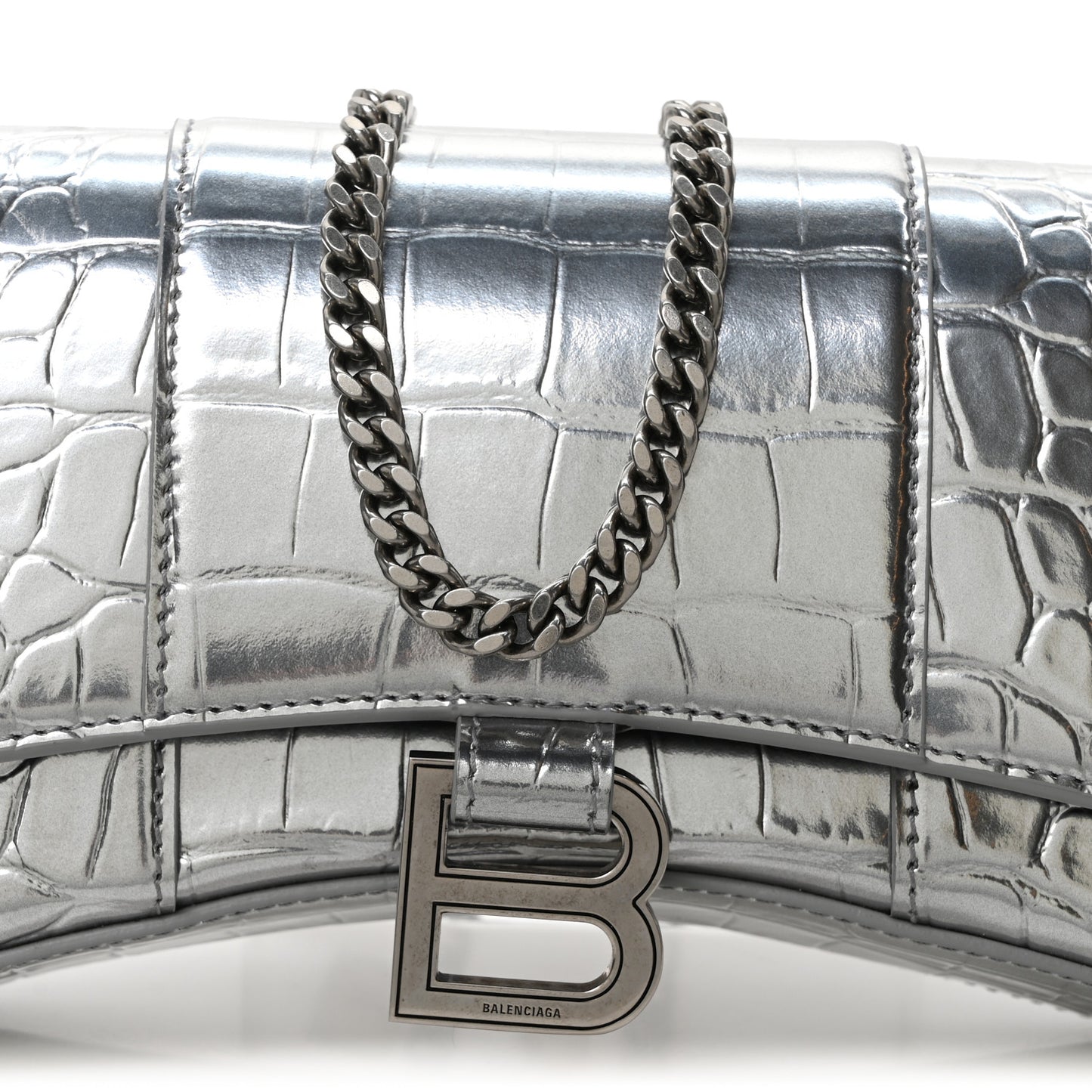 Metallic Calfskin Crocodile Embossed Hourglass Chain Bag Silver