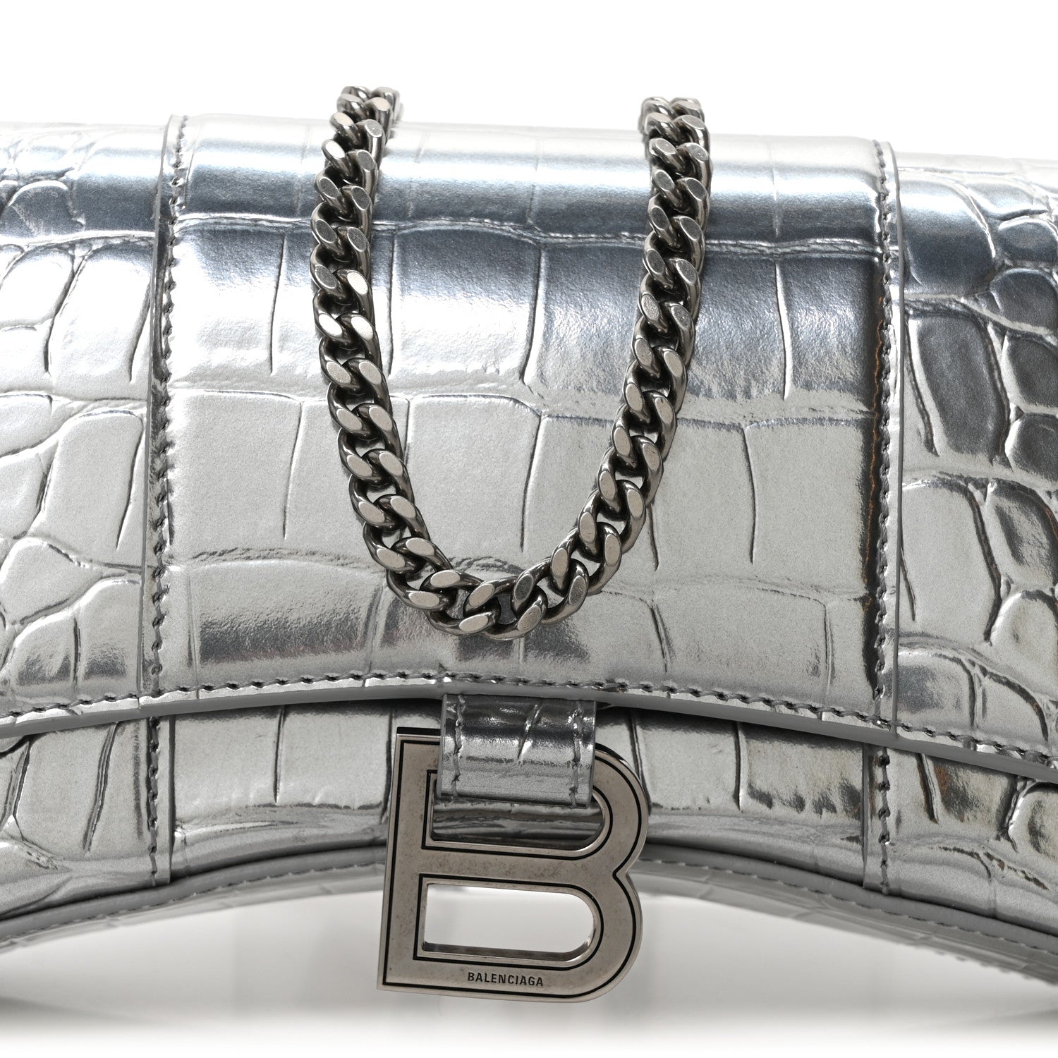 Balenciaga Metallic Calfskin Crocodile Embossed Hourglass Chain Bag Silver 7 of 9