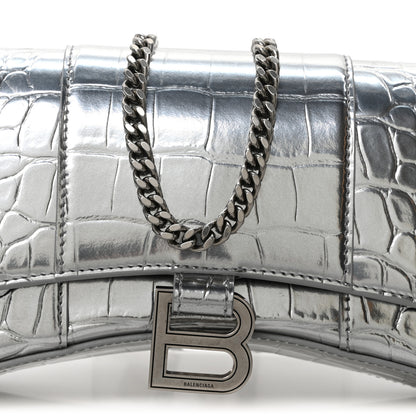 Balenciaga Metallic Calfskin Crocodile Embossed Hourglass Chain Bag Silver 7 of 9