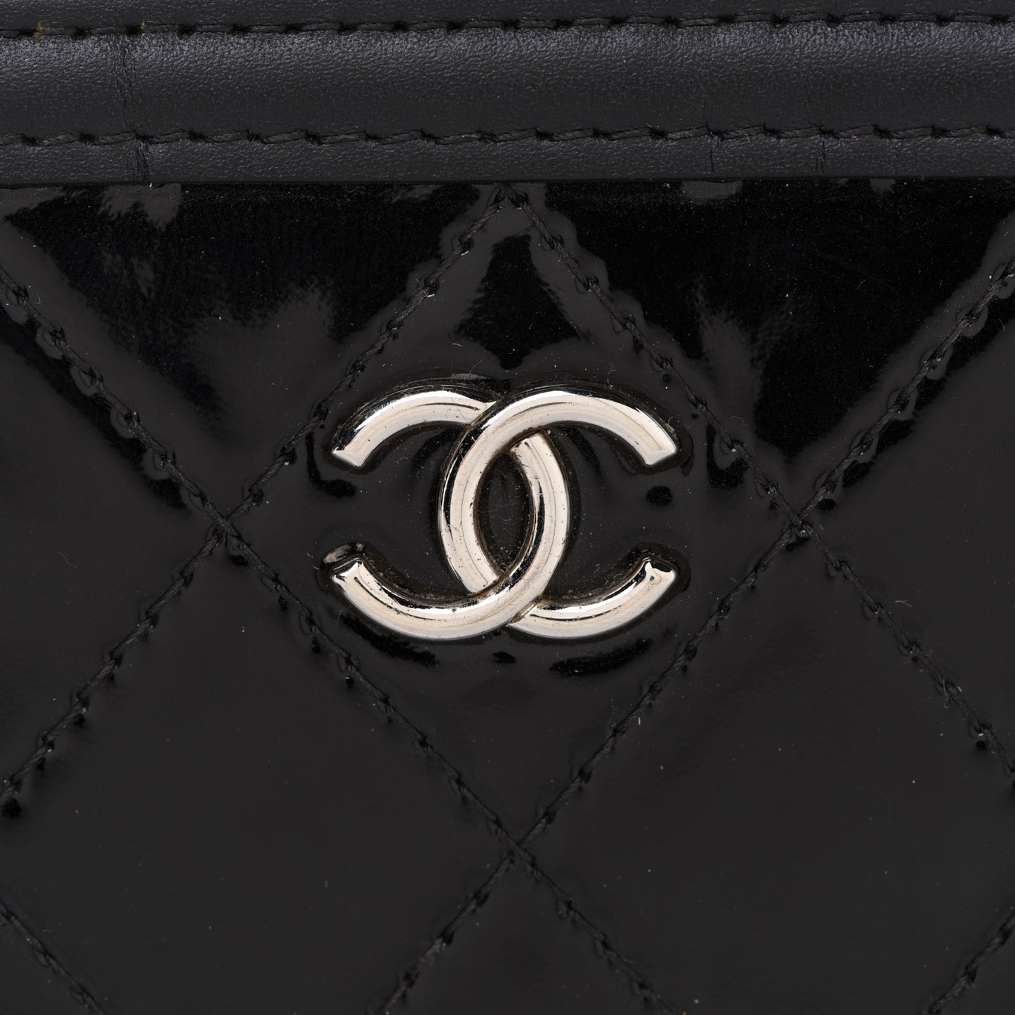 Patent Lambskin Quilted Zip Around Wallet Black