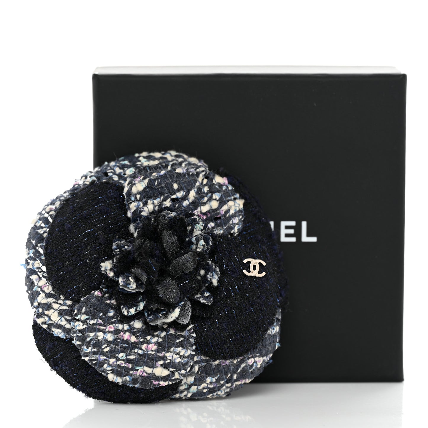Tweed Camellia Pin Brooch Navy Blue White