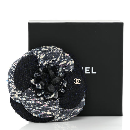 Chanel Tweed Camellia Pin Brooch Navy Blue White 4 of 4