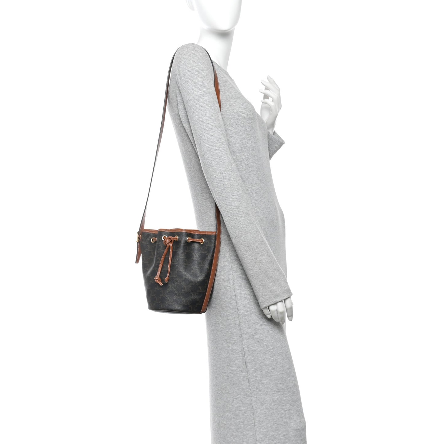 Triomphe Canvas Calfskin Small Drawstring Bucket Bag Tan