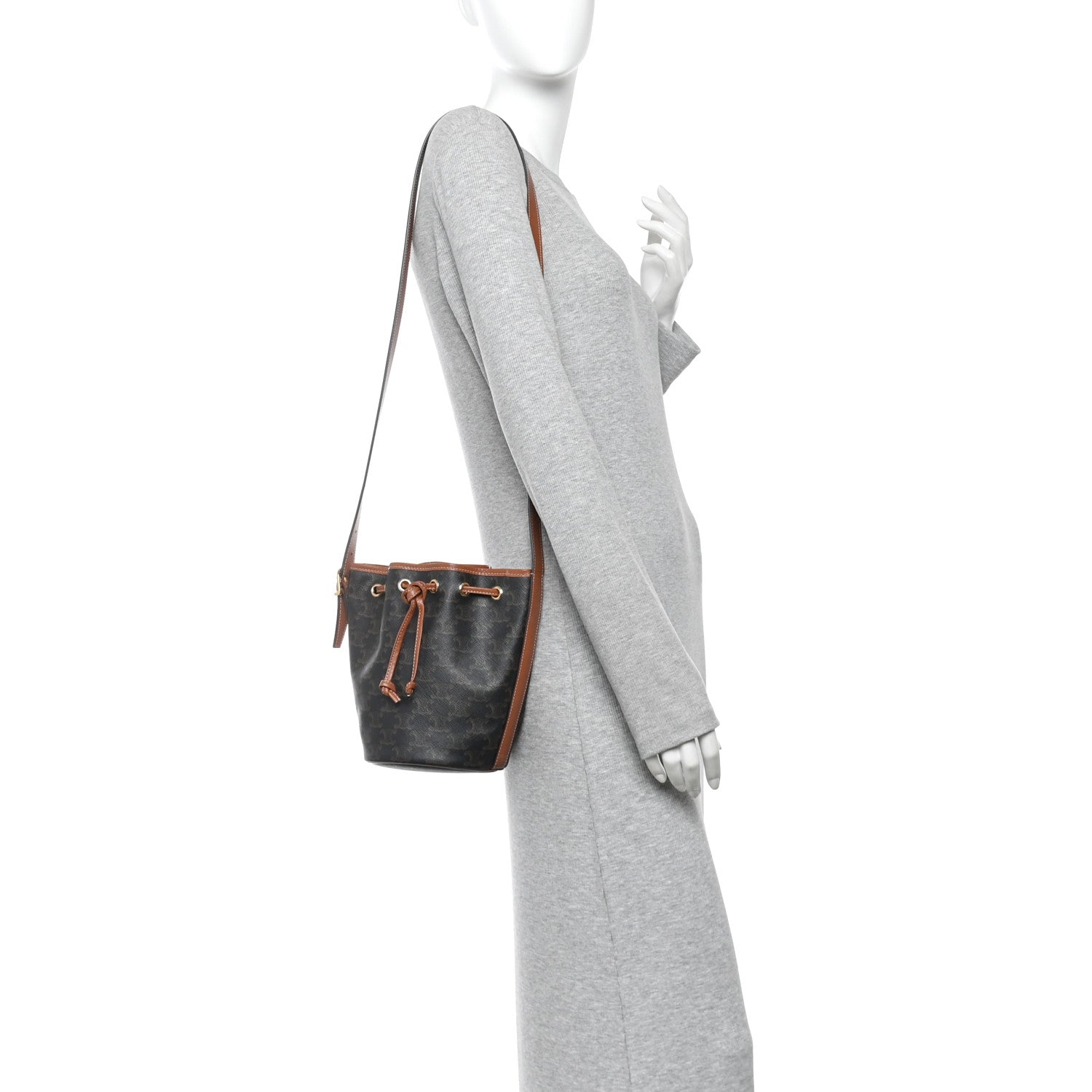 Celine Triomphe Canvas Calfskin Small Drawstring Bucket Bag Tan 2 of 9