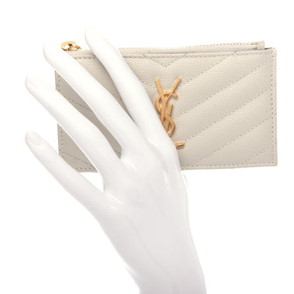 Saint Laurent Grain De Poudre Matelasse Chevron Monogram Fragments Zippered Card Case White 2 of 8