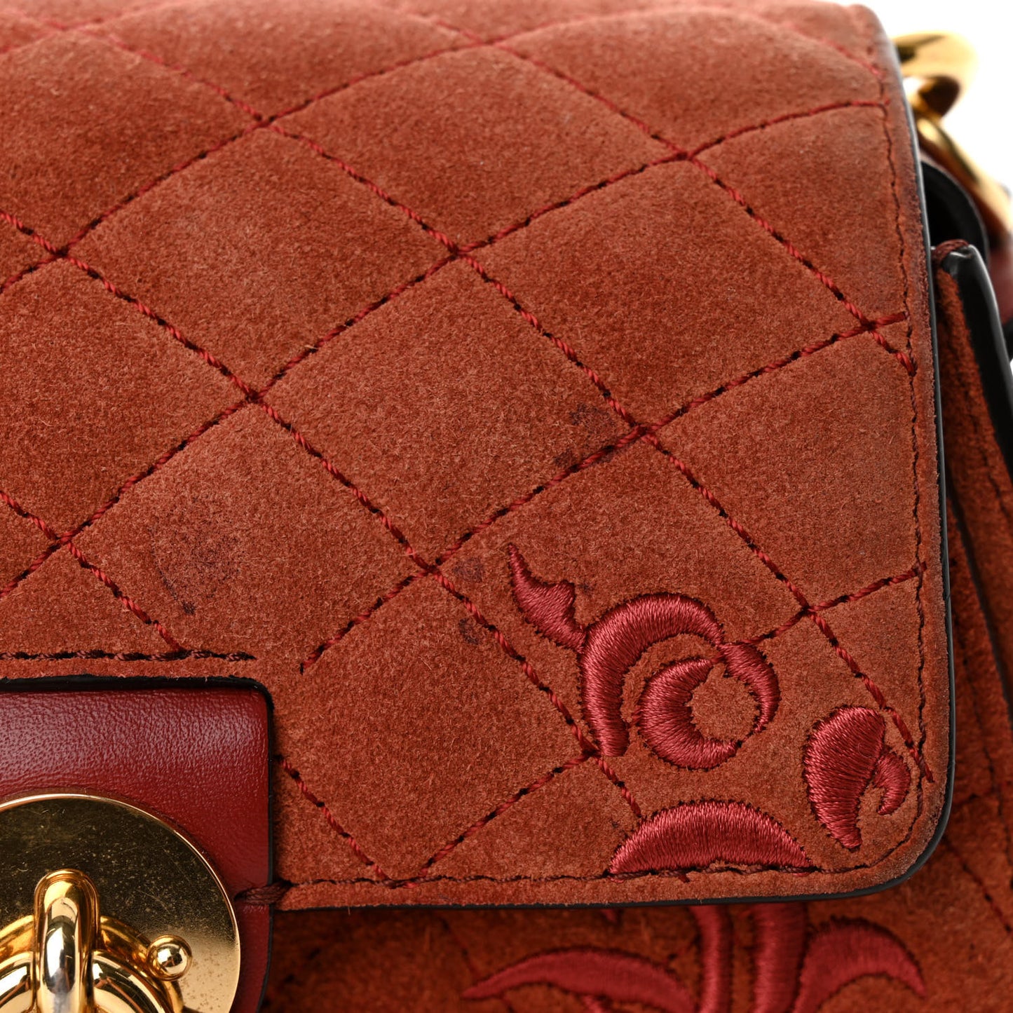 Suede Calfskin Quilted Embroidered Small Tess Saddle Bag Reddish Brown