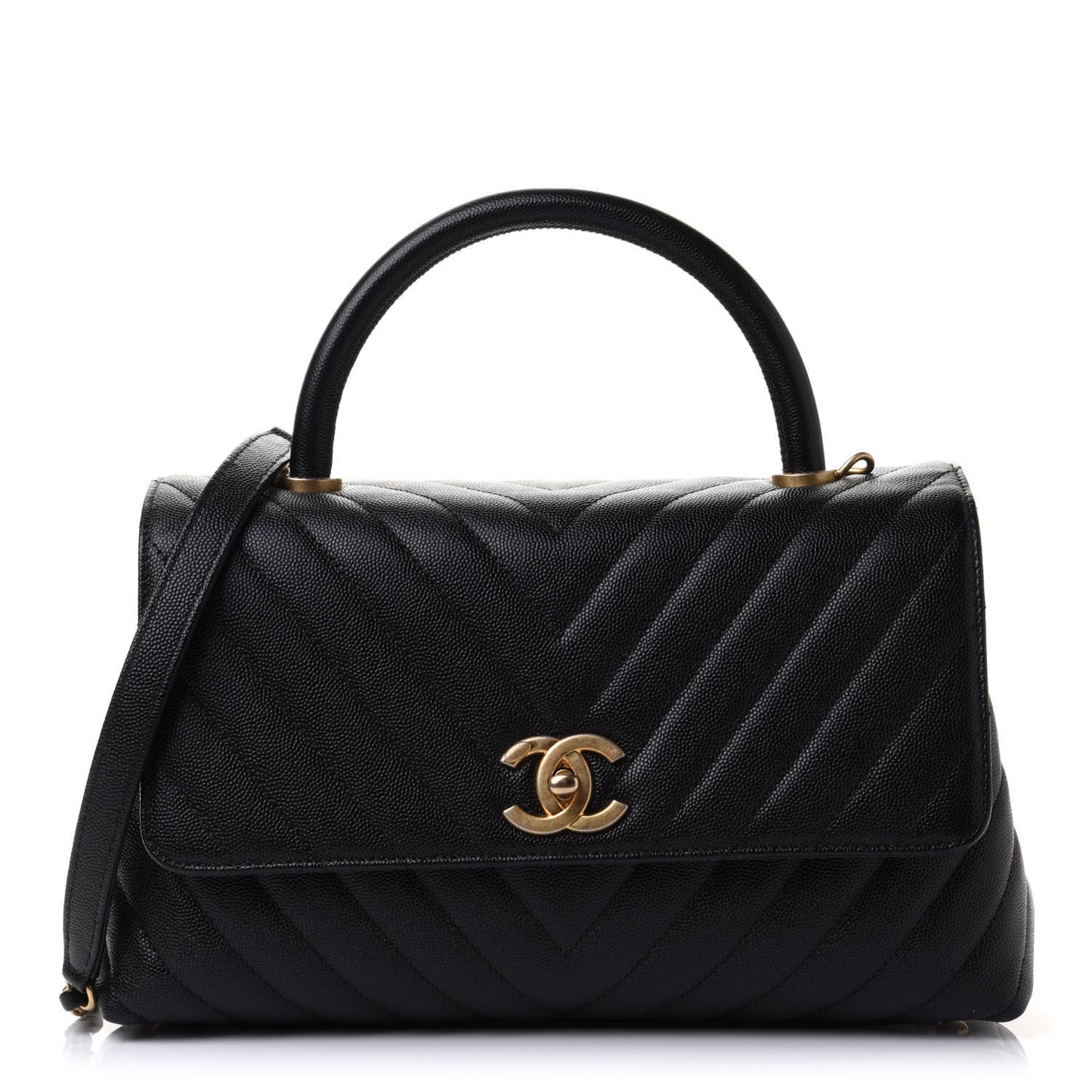 Caviar Chevron Quilted Small Coco Handle Flap Black