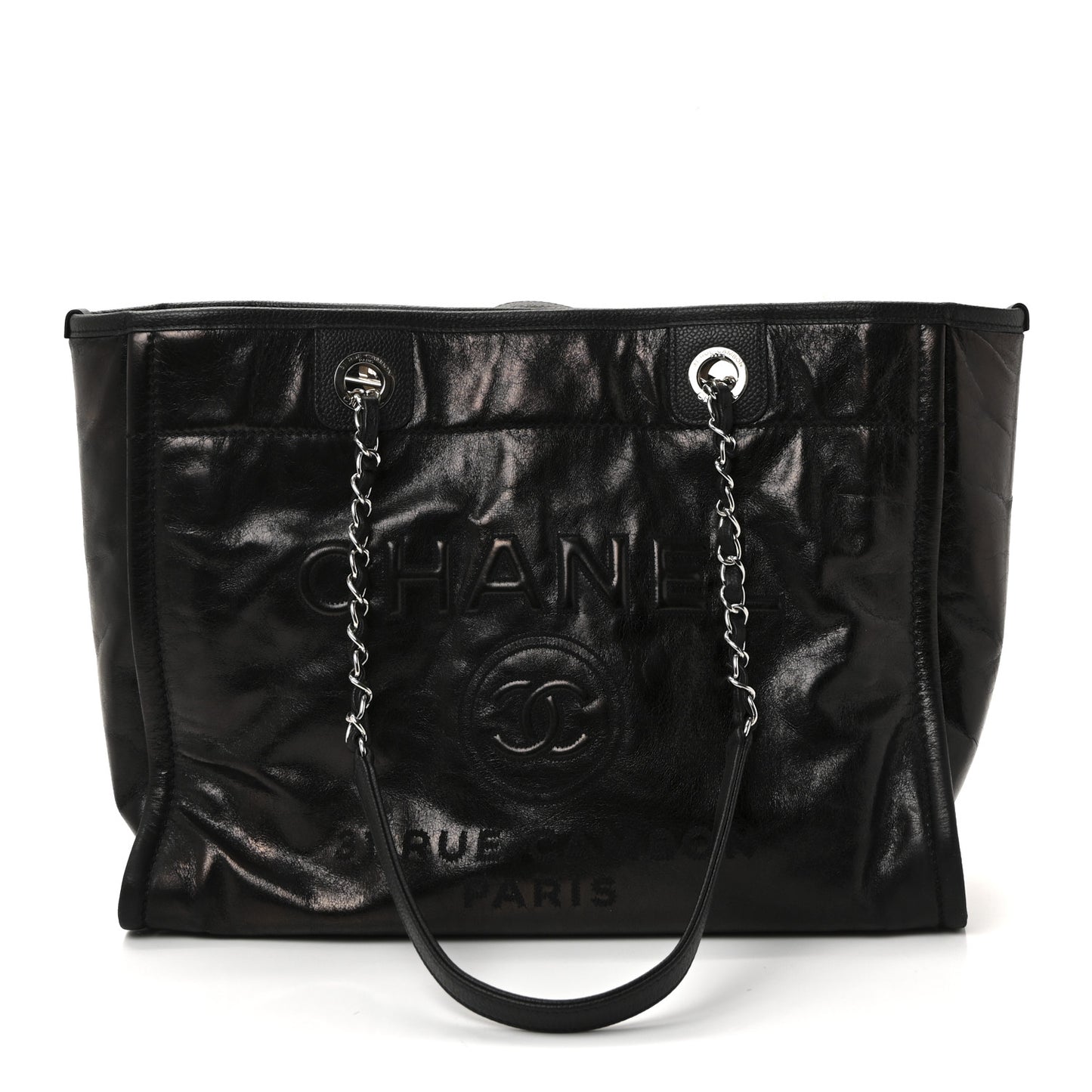 Glazed Calfskin Small Deauville Tote Black
