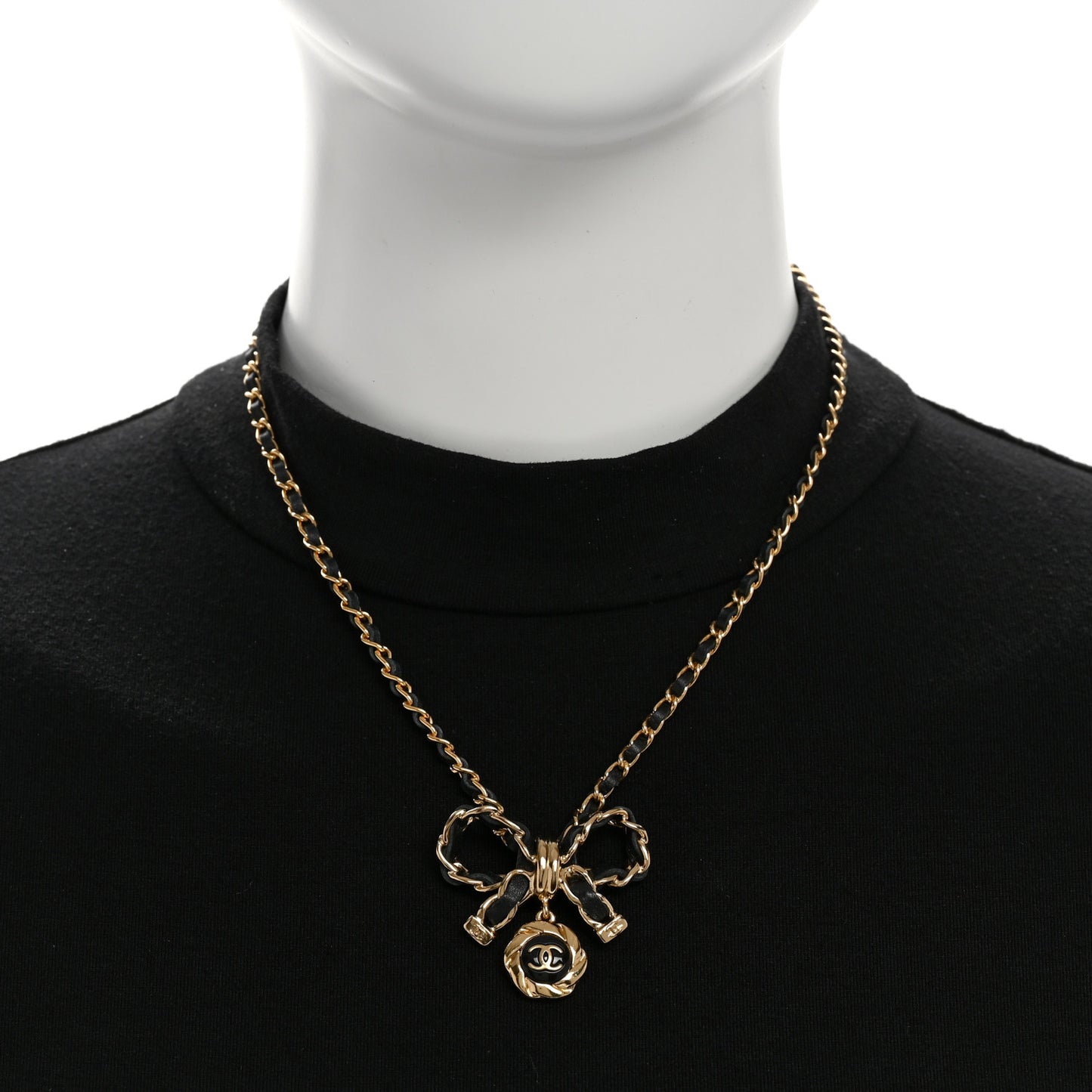 Metal Lambskin Chain CC Bow Necklace Black Gold