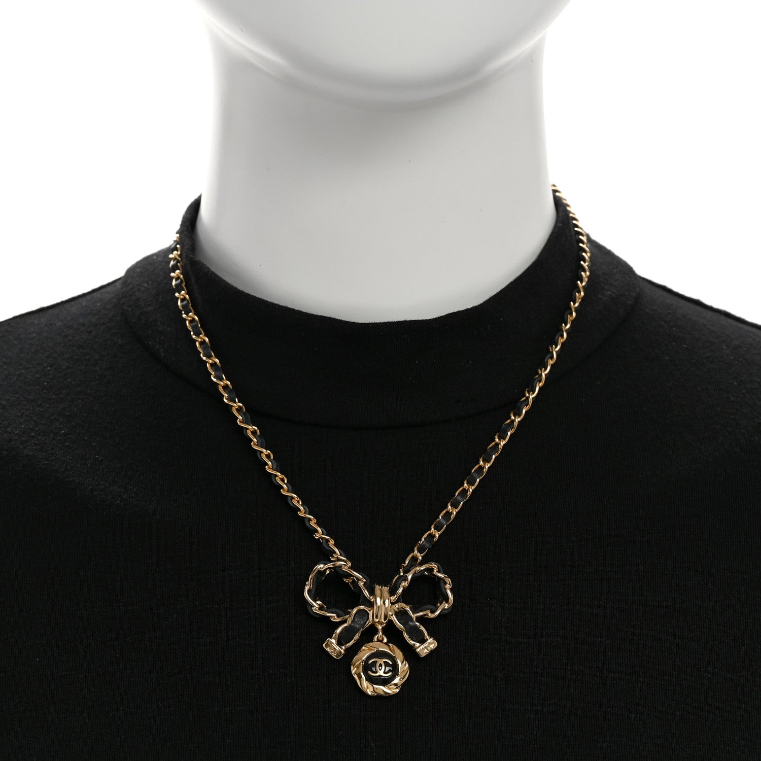 Chanel Metal Lambskin Chain CC Bow Necklace Black Gold 2 of 5