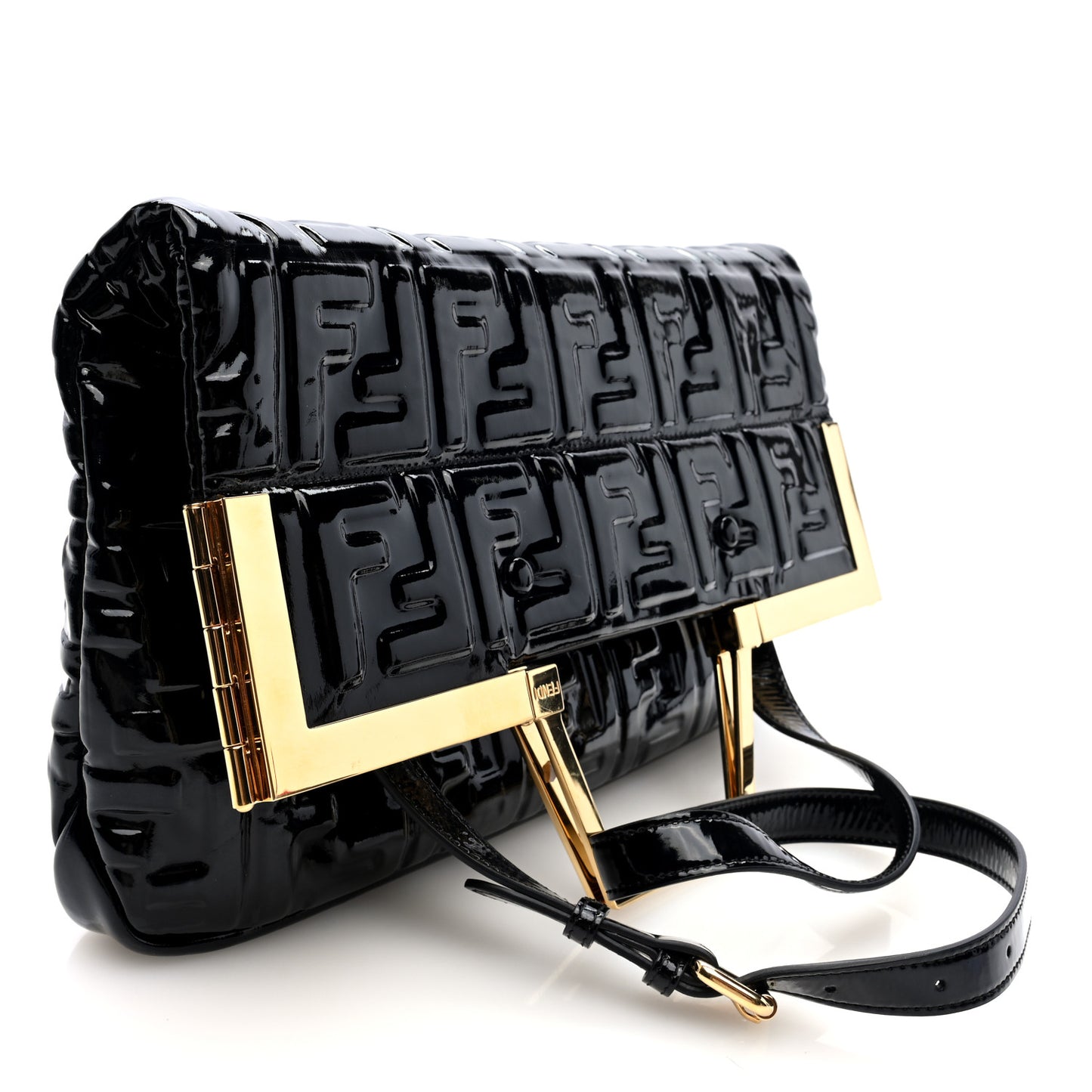 Patent FF 1974 Embossed Medium Shopping Flap Bag Black