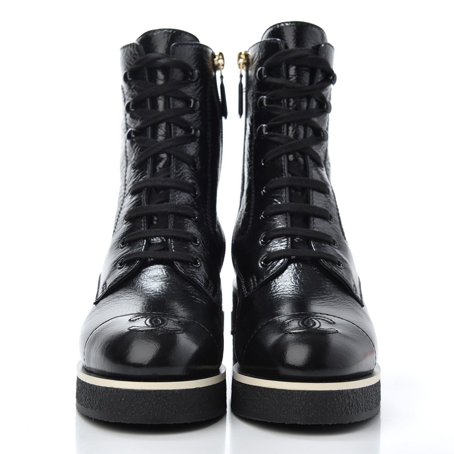 Shiny Crumpled Lambskin Lace Up Combat Boots 37.5 Black