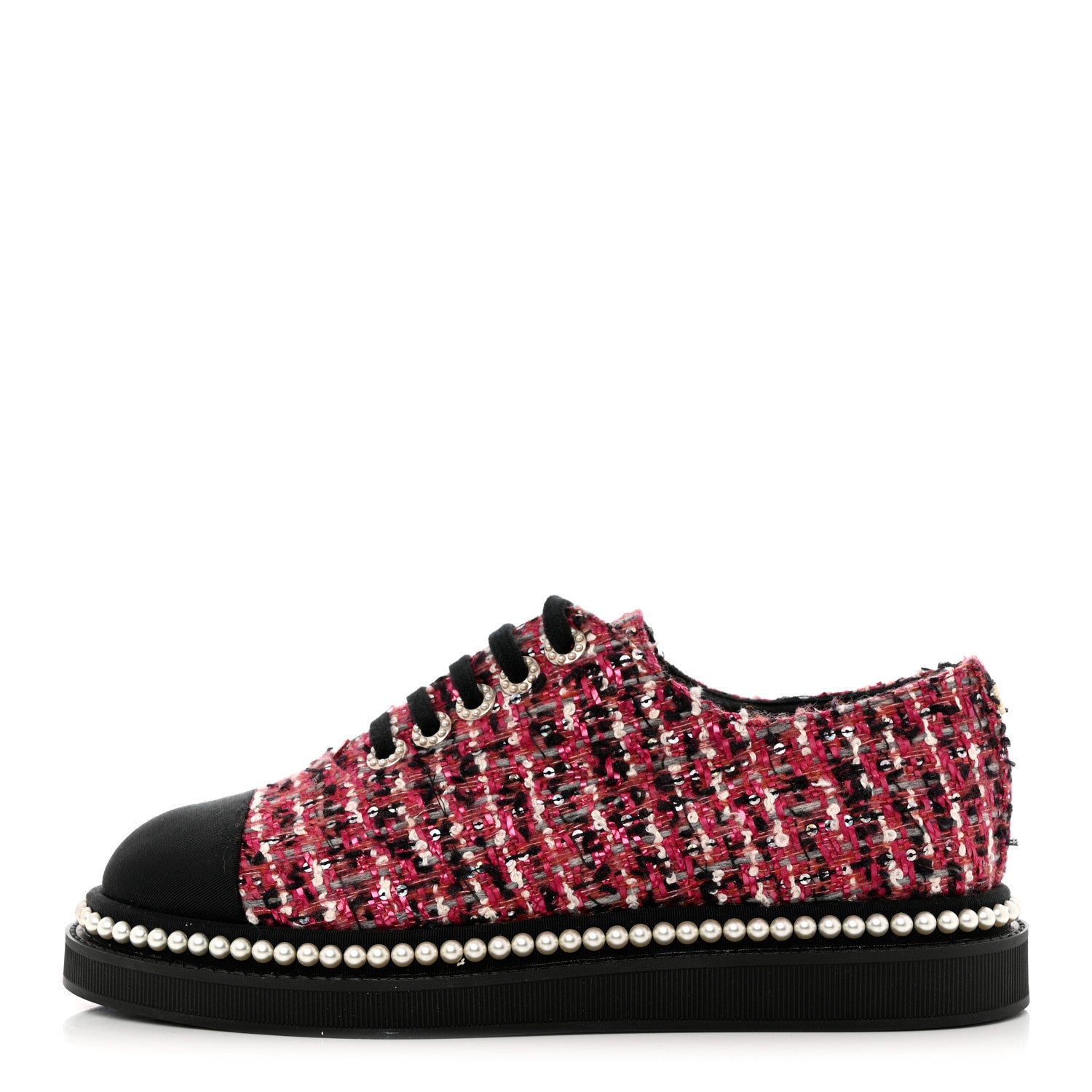 Chanel Tweed Grosgrain Sequin Pearl Lace Up Sneakers 37 Black Pink 1 of 8