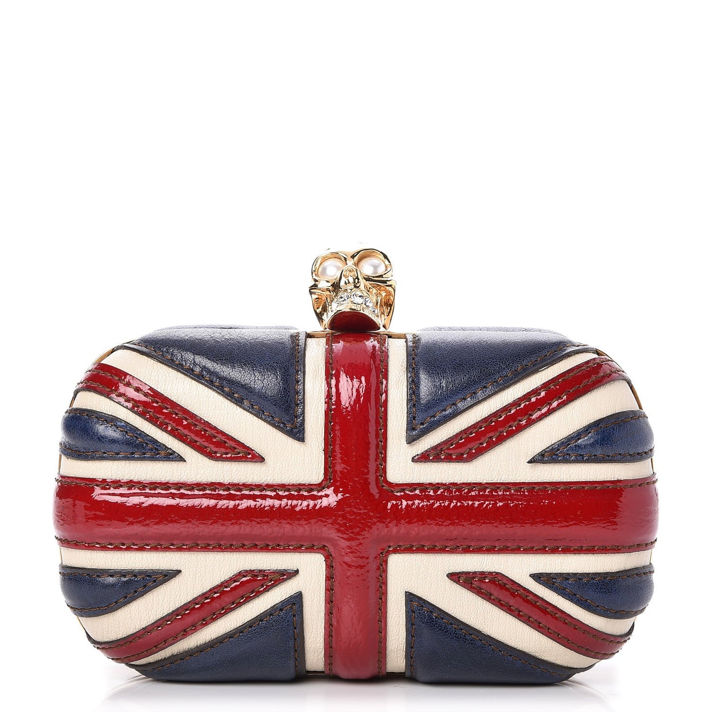 Patent Calfskin Britannia Skull Box Clutch Red Blue