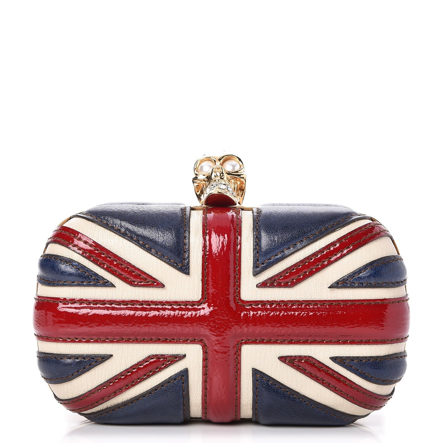 Alexander McQueen Patent Calfskin Britannia Skull Box Clutch Red Blue 1 of 7