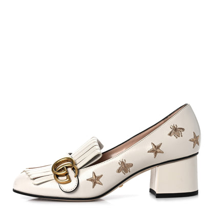 Gucci Quentin Goatskin Bee Star Embroidered GG Marmont Fringe 50mm Loafer Pumps 37.5 Mystic White 1 of 9