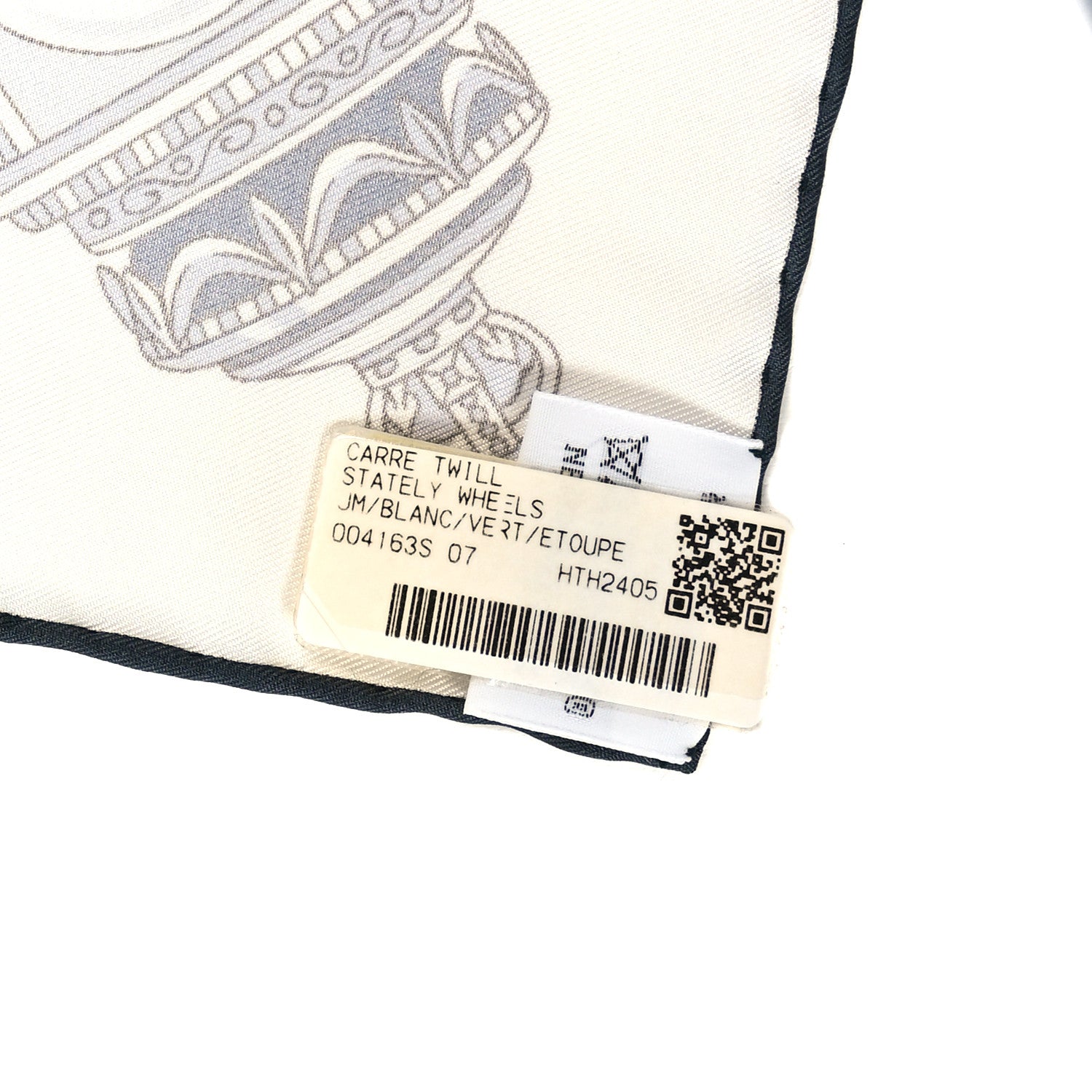 Hermes Silk Stately Wheels Scarf 90 White Vert Etoupe 3 of 3