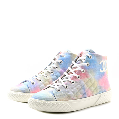 Chanel Printed Fabric High Top CC Sneakers 39.5 Green Pink Blue White 3 of 10