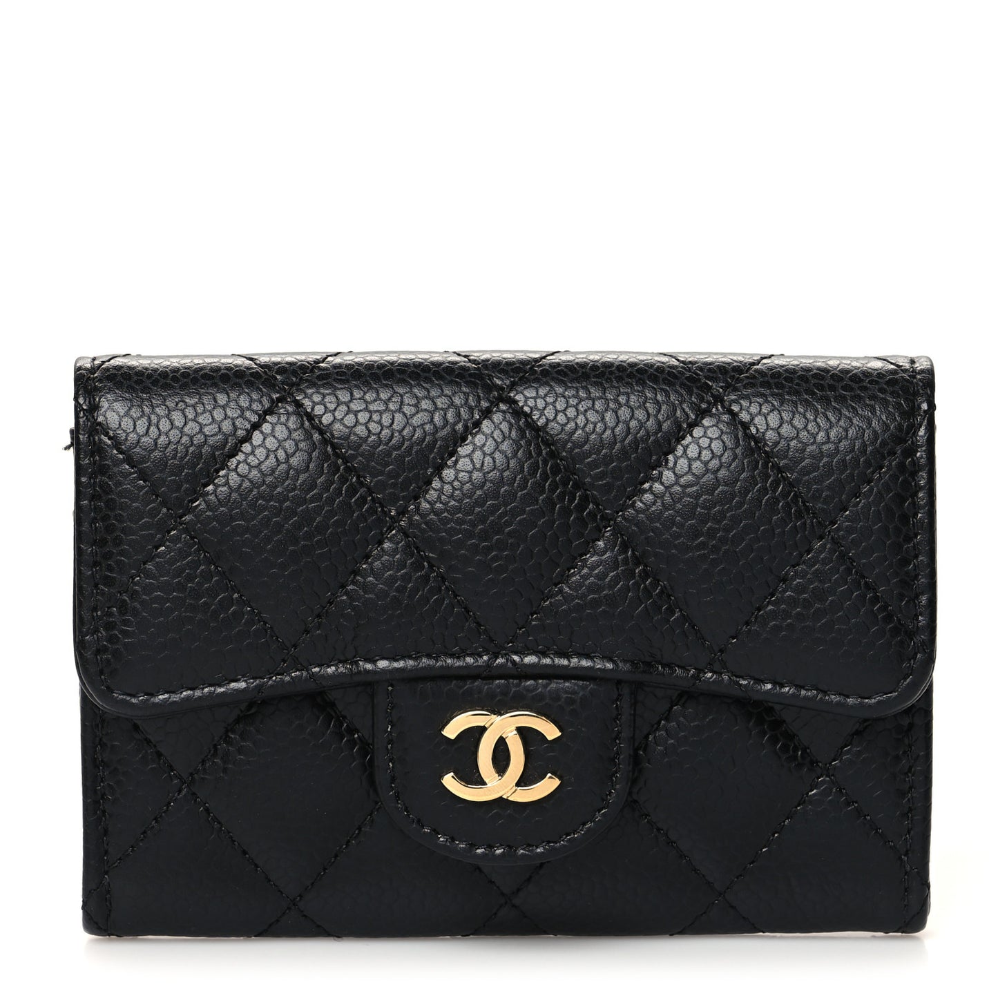 Caviar Quilted Flap Card Holder Wallet Black
