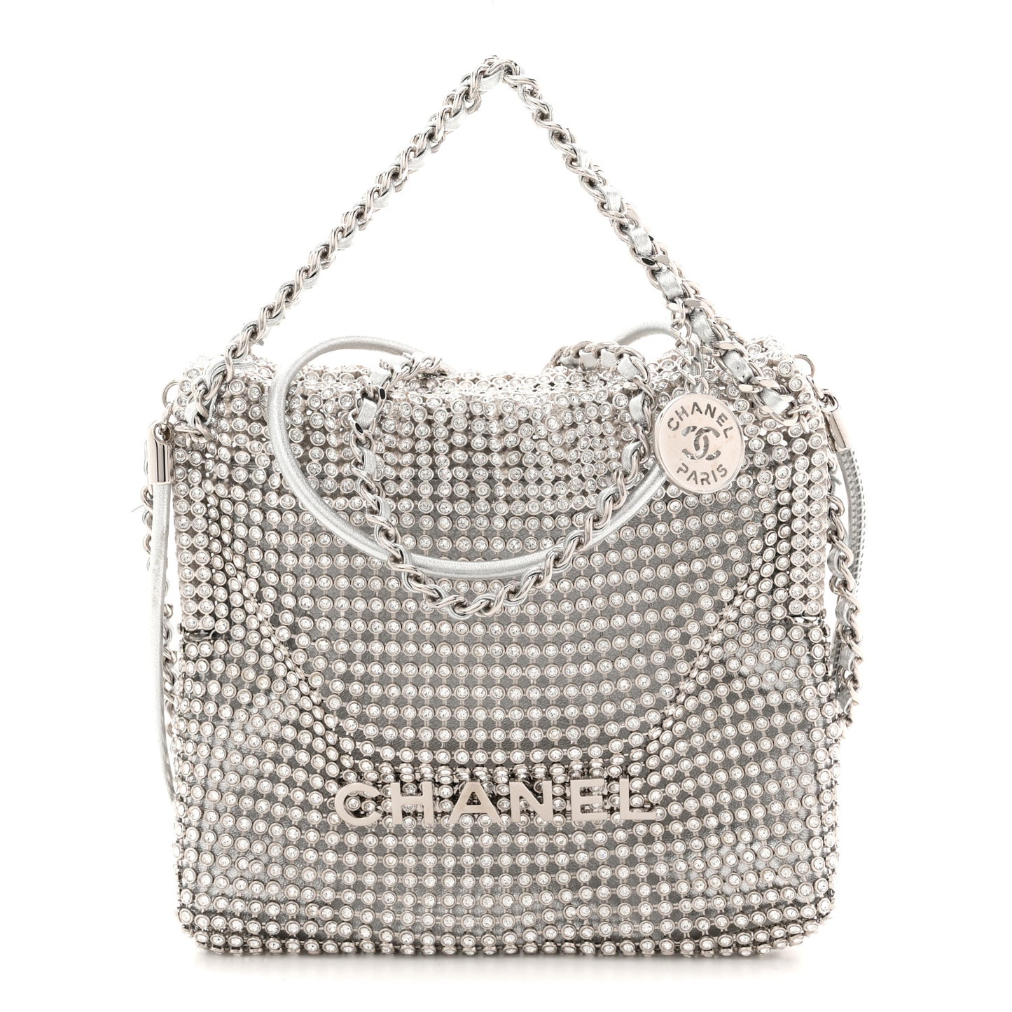 Crystal Embellished Metallic Lambskin Mini Chanel 22 Silver