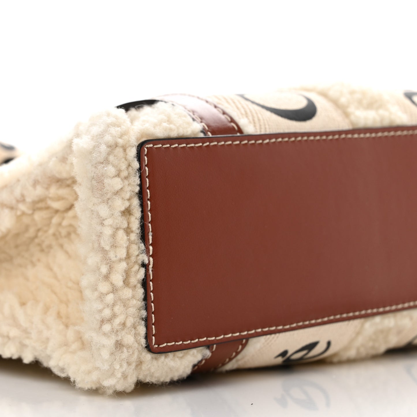 Shearling Calfskin Small Woody Ribbon Tote With Strap Mild Beige