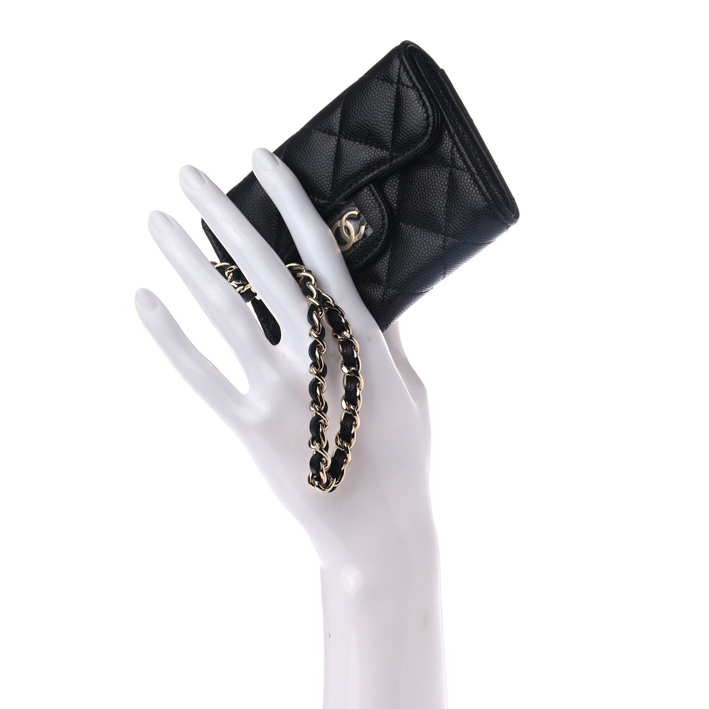 Caviar Quilted Flap Card Holder Chain Wristlet Black