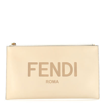 Fendi Vitello King Logo Embossed Medium Flat Pouch White Ice 1 of 8