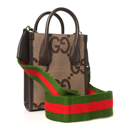 Gucci Monogram Jumbo GG Textured Dollar Calfskin Web Mini Vertical Tote Camel Ebony New Acero 3 of 10