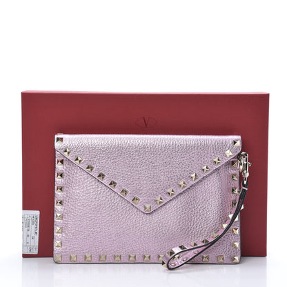 Valentino Garavani Metallic Pebbled Calfskin Medium Rockstud Envelope Flat Wristlet Pouch Giacinto 7 of 7