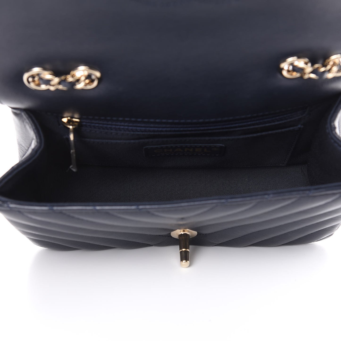 Calfskin Chevron Quilted Mini Statement Flap Navy Blue