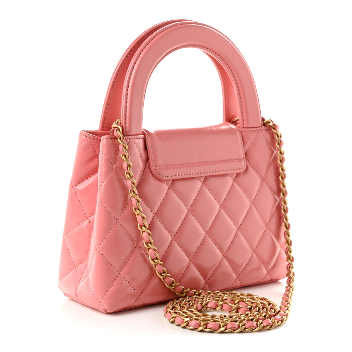 Shiny Aged Calfskin Quilted Nano Kelly Shopper Coral Pink