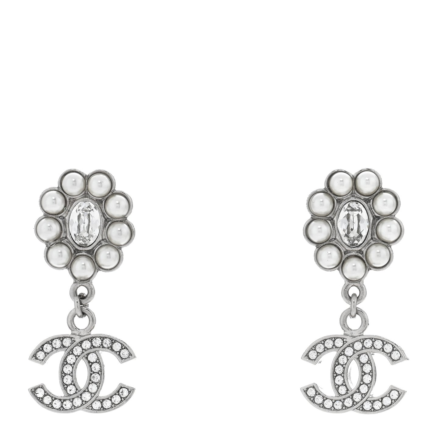 Crystal Pearl Coco Mark CC Drop Earrings Silver