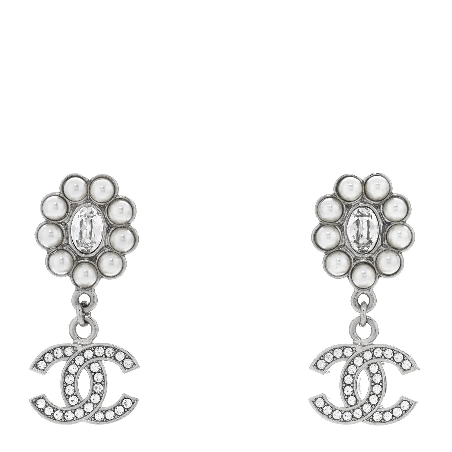 Chanel Crystal Pearl Coco Mark CC Drop Earrings Silver 1 of 4