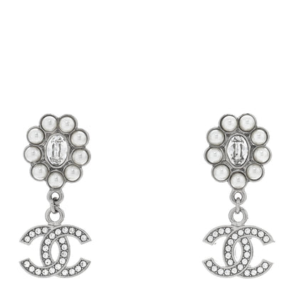 Chanel Crystal Pearl Coco Mark CC Drop Earrings Silver 1 of 4