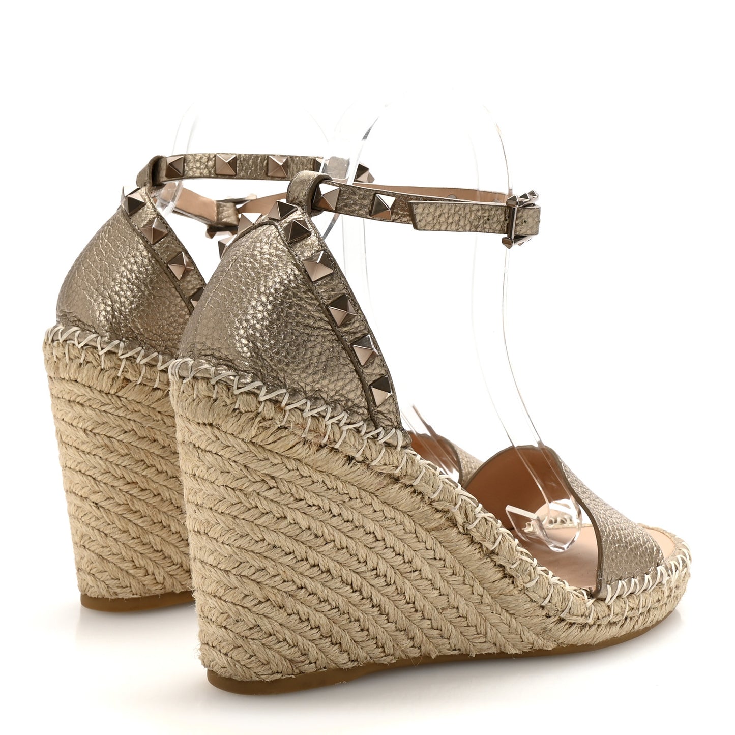 Metallic Grained Calfskin Rockstud Crisscross Ankle Strap Espadrille Wedge Sandals 39 Skin Natural