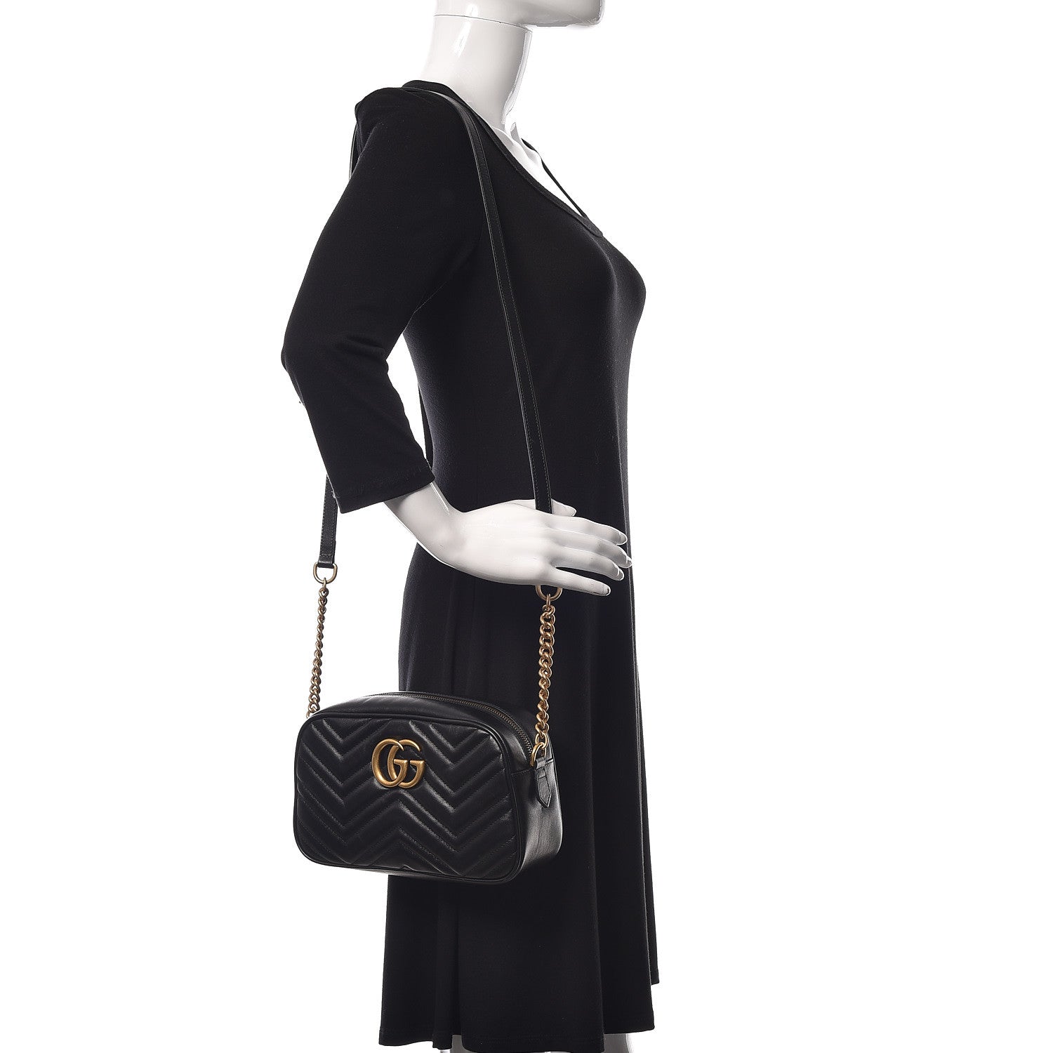 Gucci Calfskin Matelasse Small GG Marmont Chain Shoulder Bag Black 2 of 12
