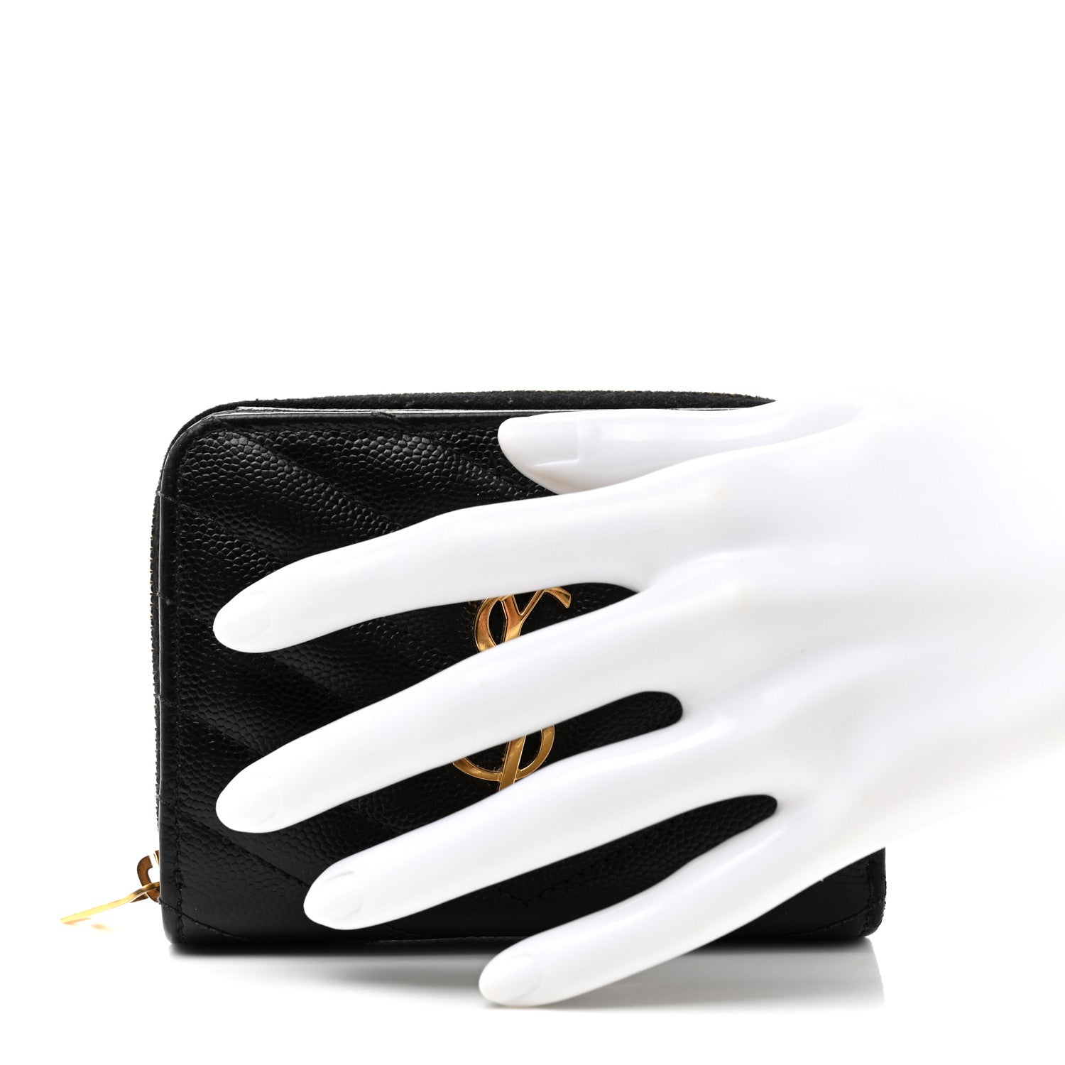 Saint Laurent Grain De Poudre Matelasse Chevron Monogram Compact Zip Around Wallet Black 2 of 9