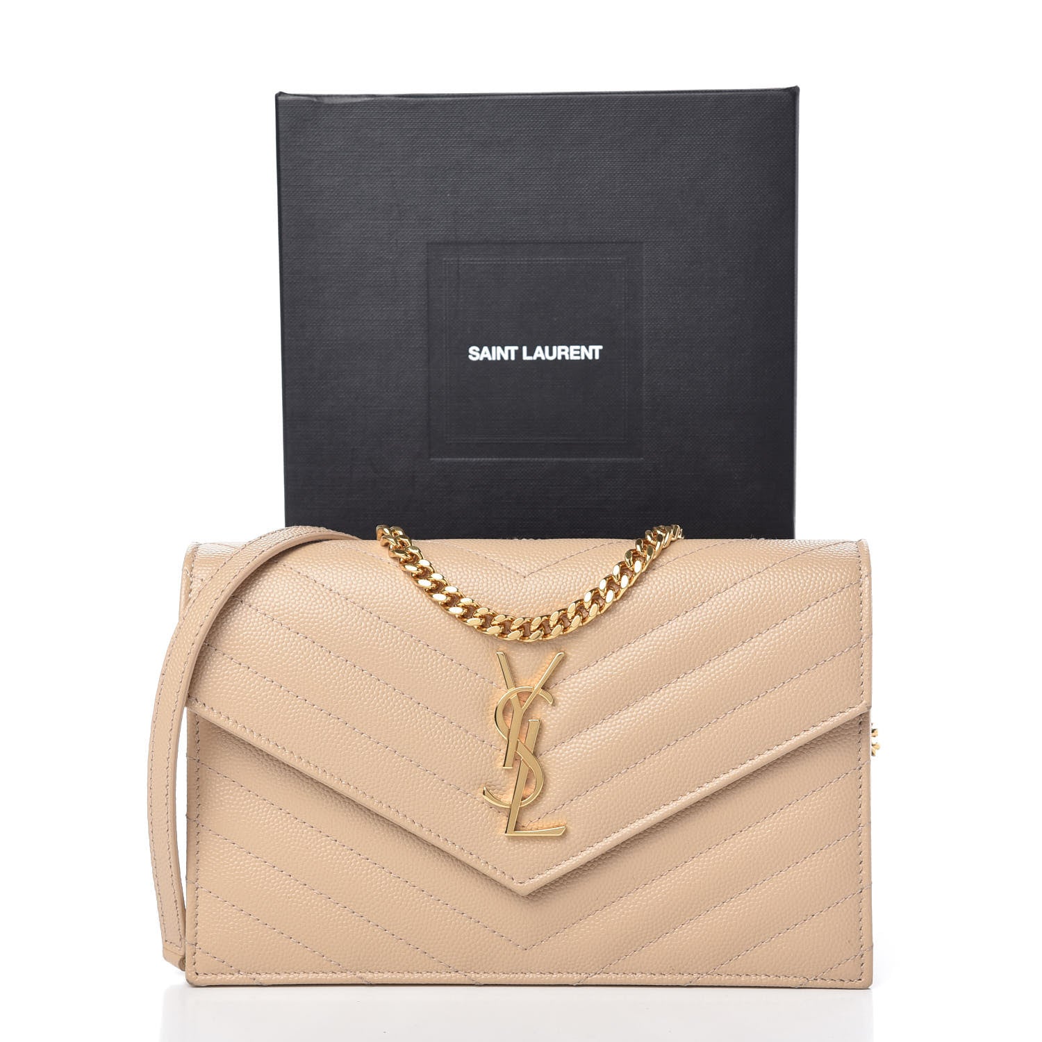 Saint Laurent Grain De Poudre Matelasse Chevron Monogram Envelope Chain Wallet Nude Powder 10 of 10