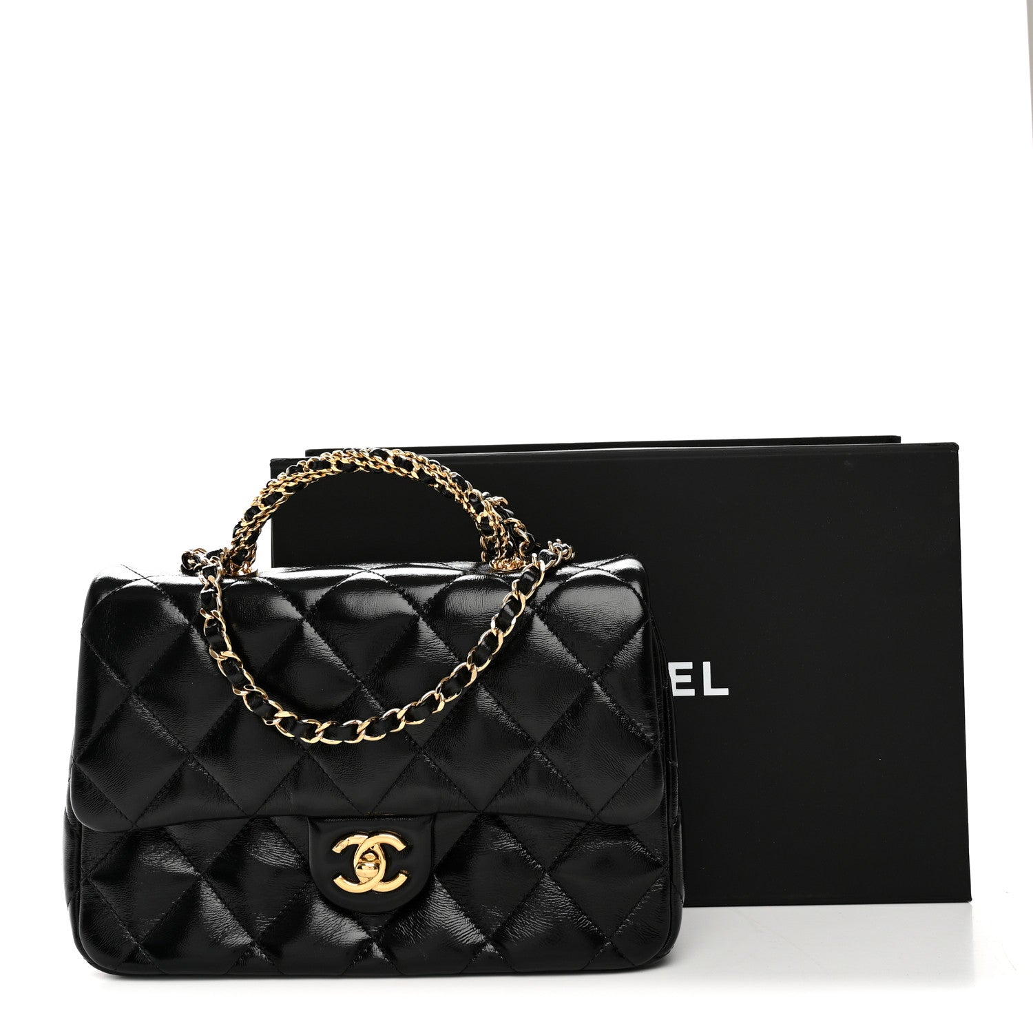 Chanel Shiny Lambskin Quilted Twisted Links Top Handle Flap Black