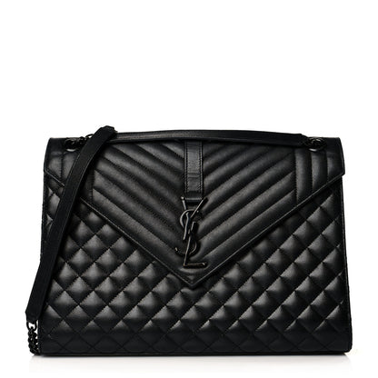 Saint Laurent Grain De Poudre Textured Mixed Matelasse Large Triquilt Monogram Monochrome Satchel Black 1 of 12
