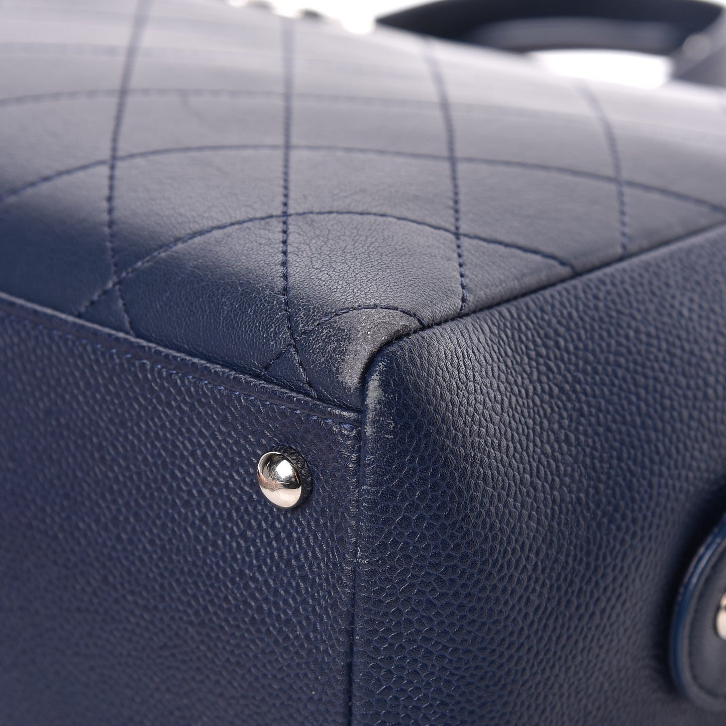Grained Calfskin Stitched Large Magnetic Shopping Tote Blue