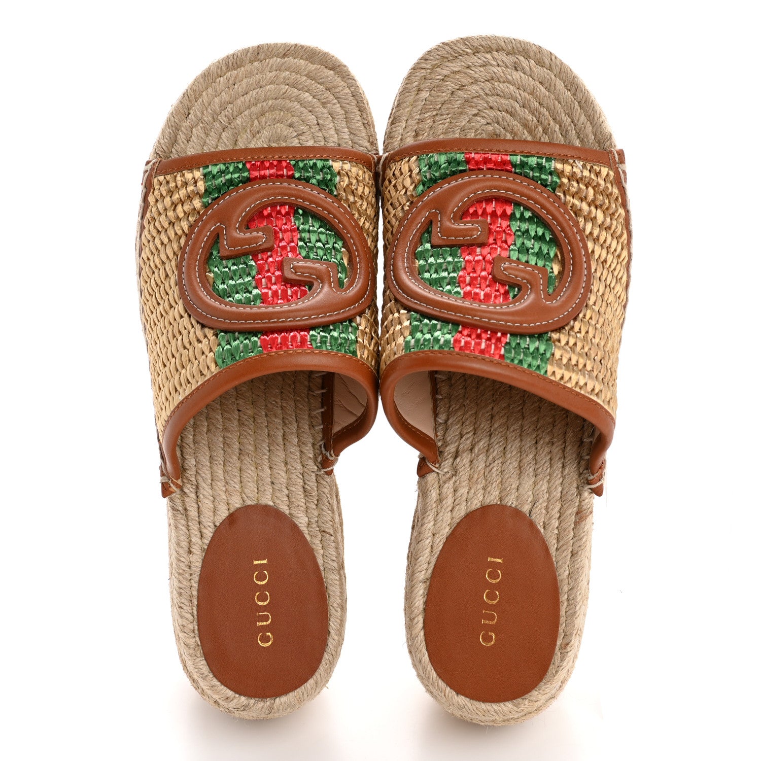 Gucci Raffia Harness Calfskin Interlocking G Espadrille Wedge Sandals 37 Palmi Naturale Harness Brown Red Green 2 of 11