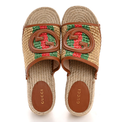 Gucci Raffia Harness Calfskin Interlocking G Espadrille Wedge Sandals 37 Palmi Naturale Harness Brown Red Green 2 of 11