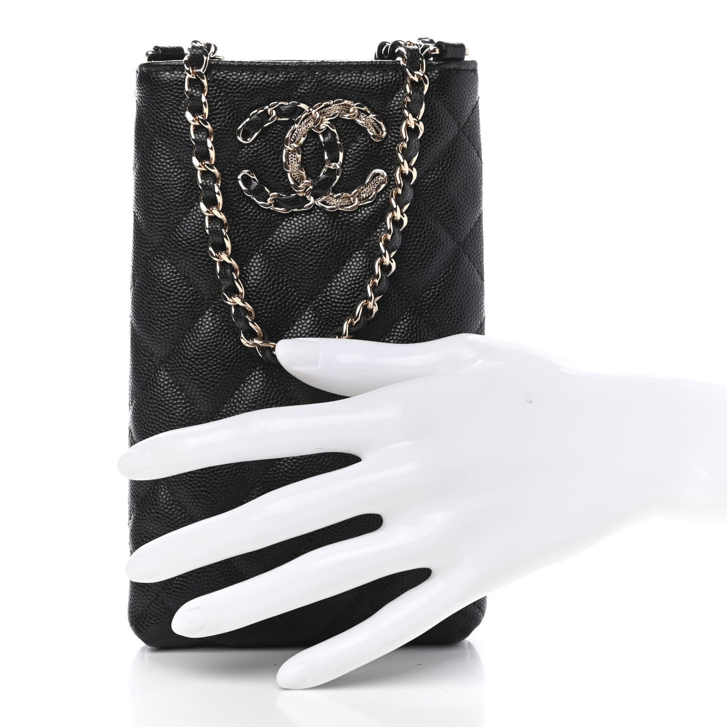 Caviar Quilted French New Wave Phone Holder With Chain Black