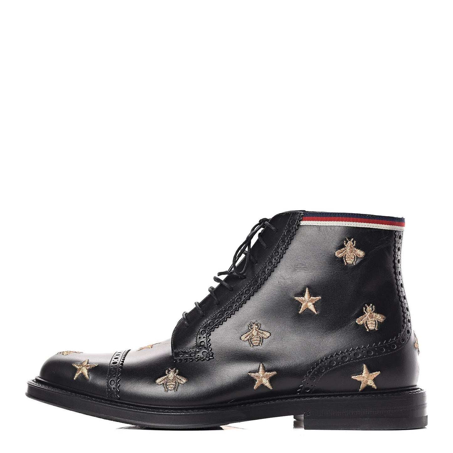 Calfskin Sylvie Web Bee Star Embroidered Mens Brogue Captoe Boots 7 Black