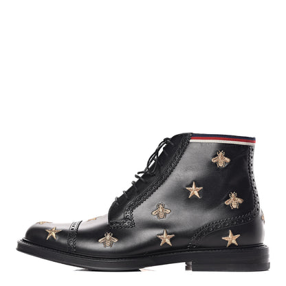 Gucci Calfskin Sylvie Web Bee Star Embroidered Mens Brogue Captoe Boots 7 Black 1 of 13