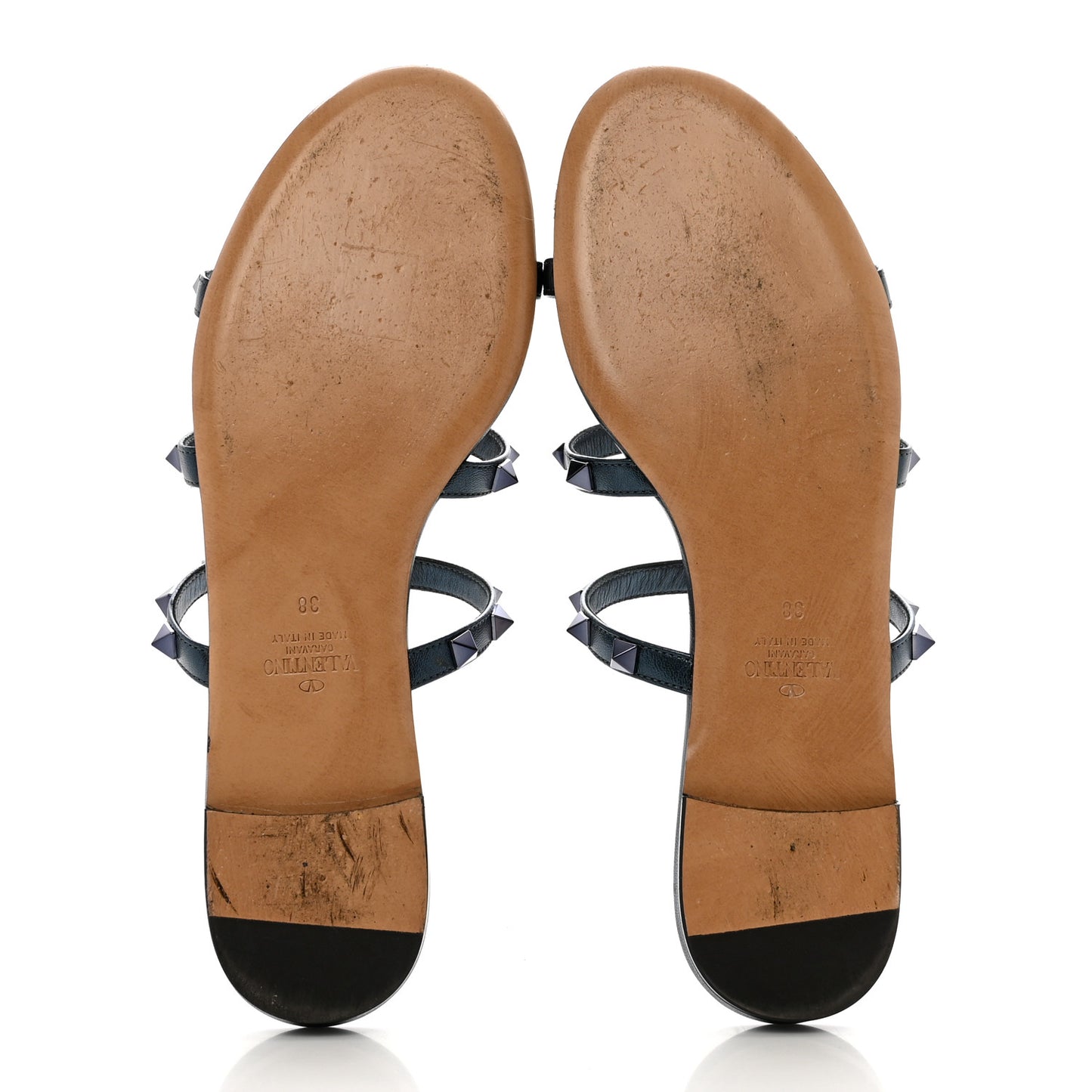 Metallic Calfskin Rockstud Caged Flat Slide Sandals 38 Marine