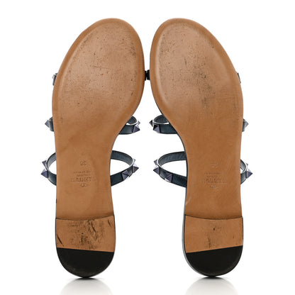 Valentino Garavani Metallic Calfskin Rockstud Caged Flat Slide Sandals 38 Marine 5 of 8