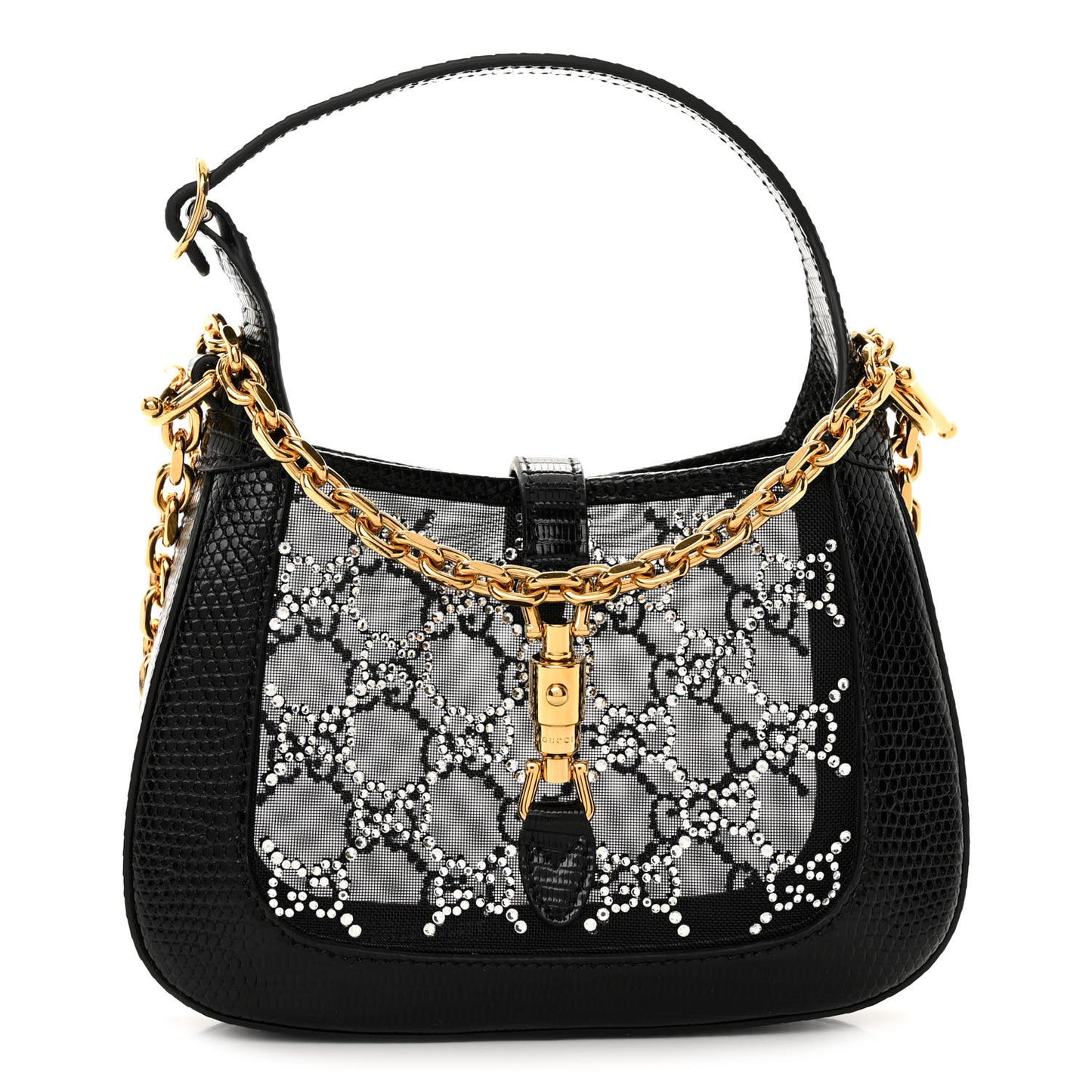 Lizard Mesh Crystal GG Monogram Mini Jackie 1961 Hobo Black
